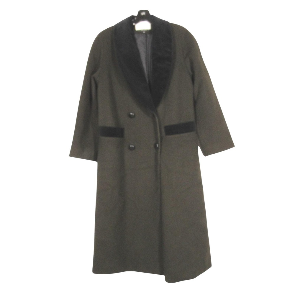 Vtg CHARLES KLEIN Petite WOOL Dark Green Velvet Collar Jacket Trench Coat Sz 6P
